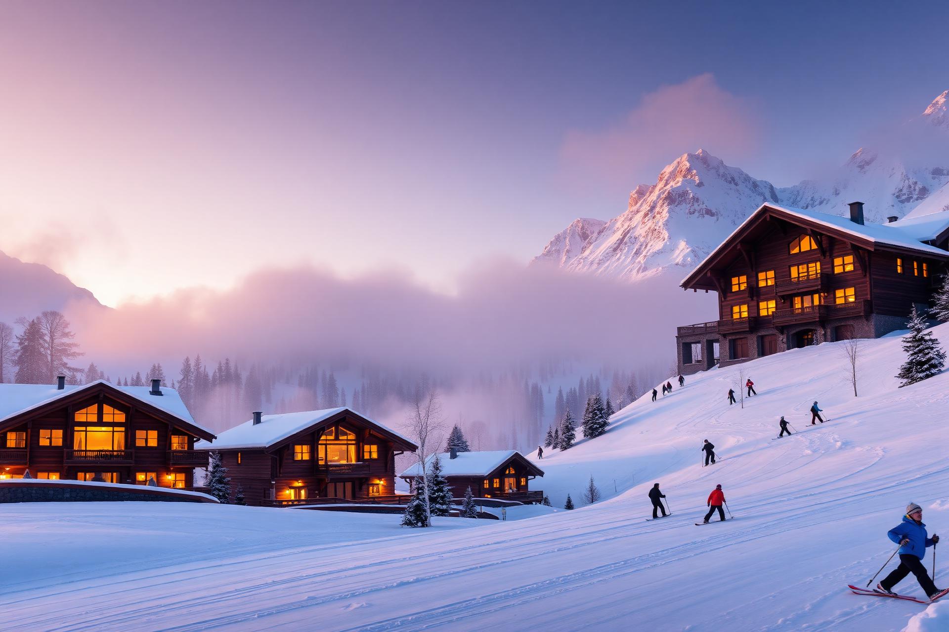Luxury ski resort at sunset with snow-capped alpine mountains
